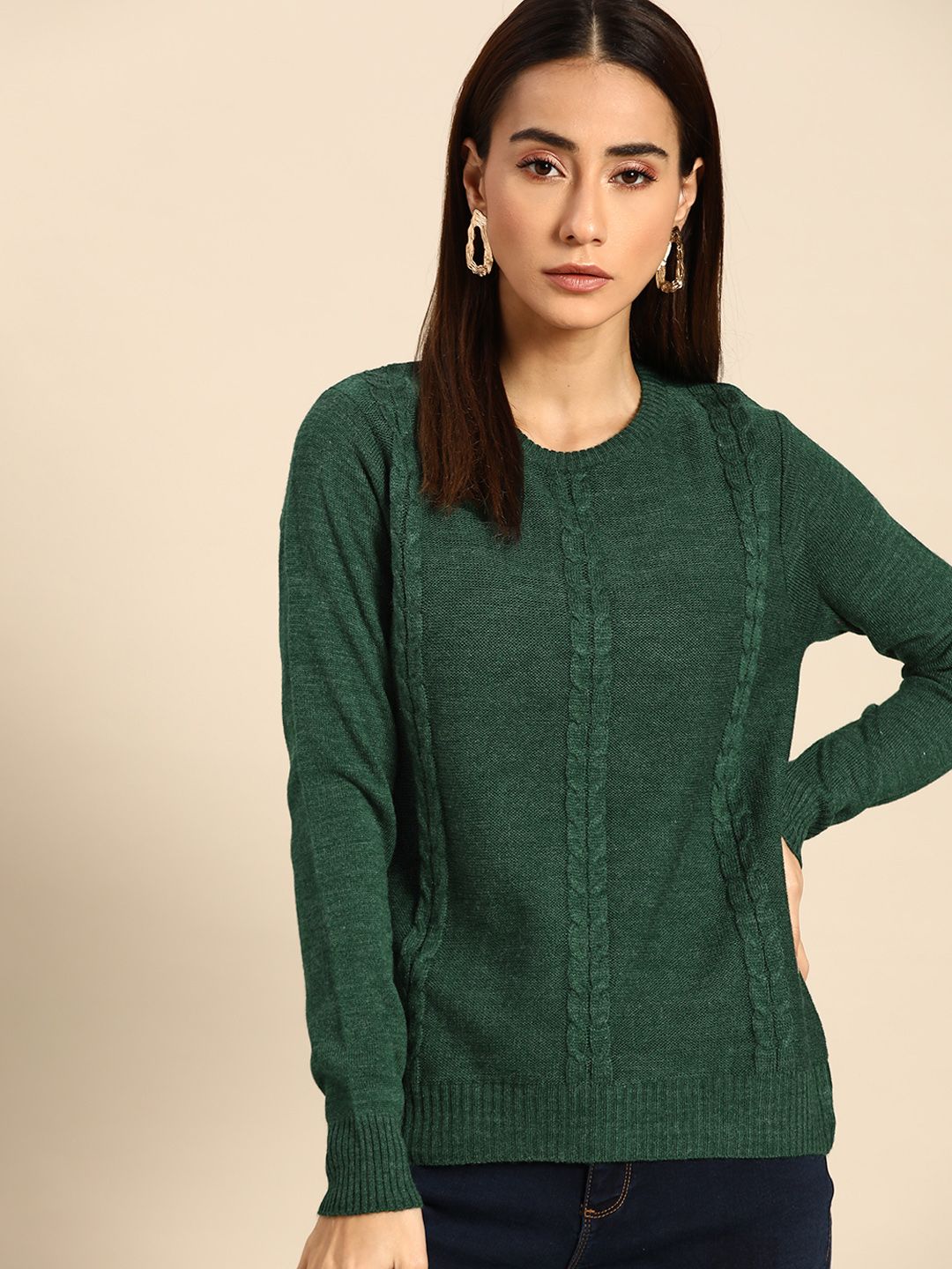 Anouk Women Green Self-design Winter Pullover Price in India