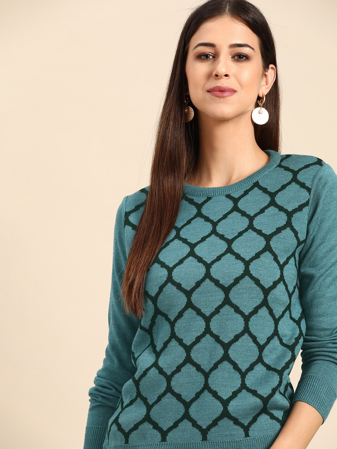 Anouk Women Blue & Green Printed Winter Pullover Price in India