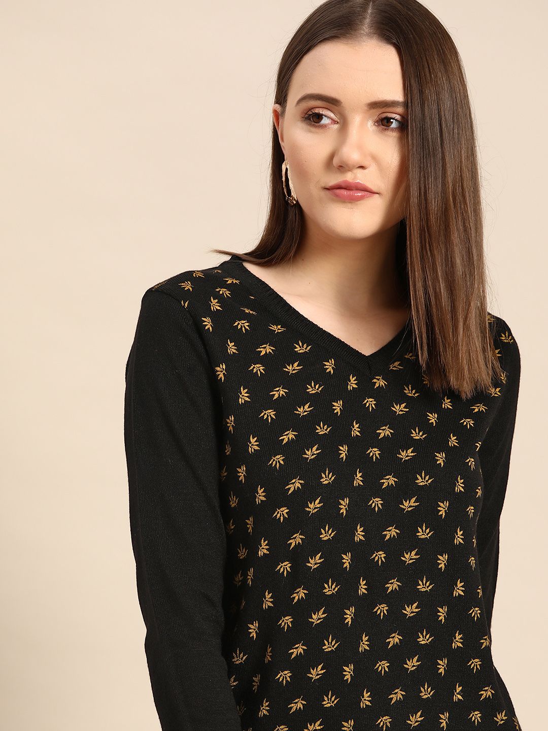 Anouk Women Black & Mustard Yellow Leaf Print Winter Pullover Sweater Price in India