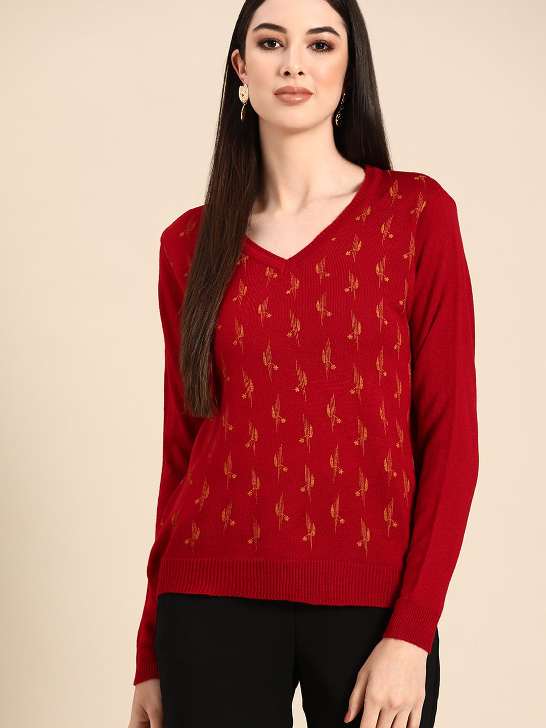 Anouk Women Red Ethnic Motifs Printed Winter Pullover Price in India