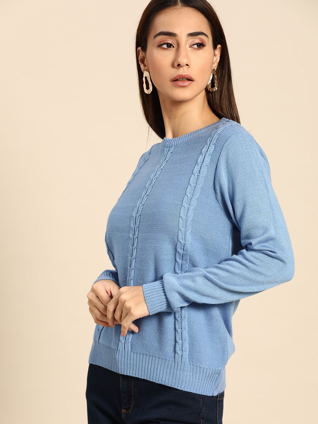 Anouk Women Blue Self-design Winter Pullover Price in India