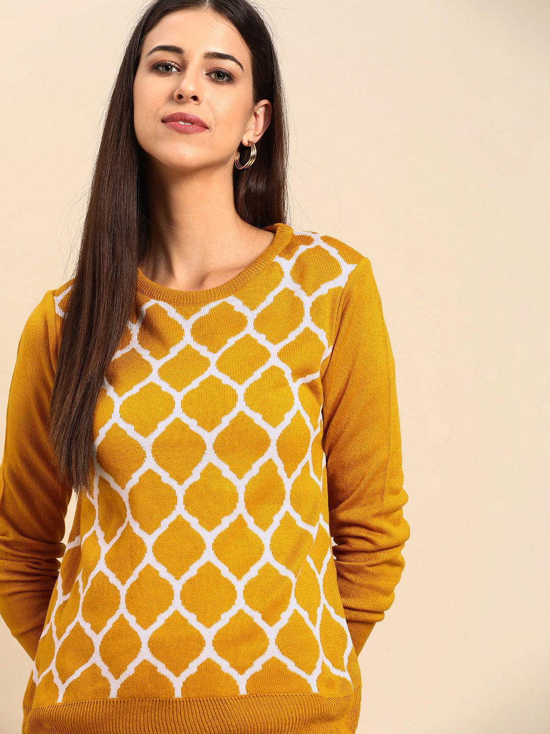 Anouk Women Mustard Yellow & White Jacquard Design Winter Pullover Price in India