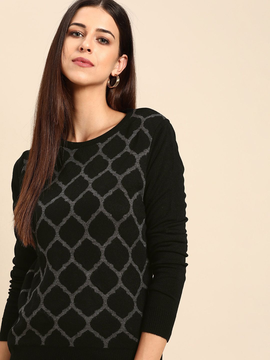 Anouk Women Black & Grey Jacquard Design Winter Pullover Price in India