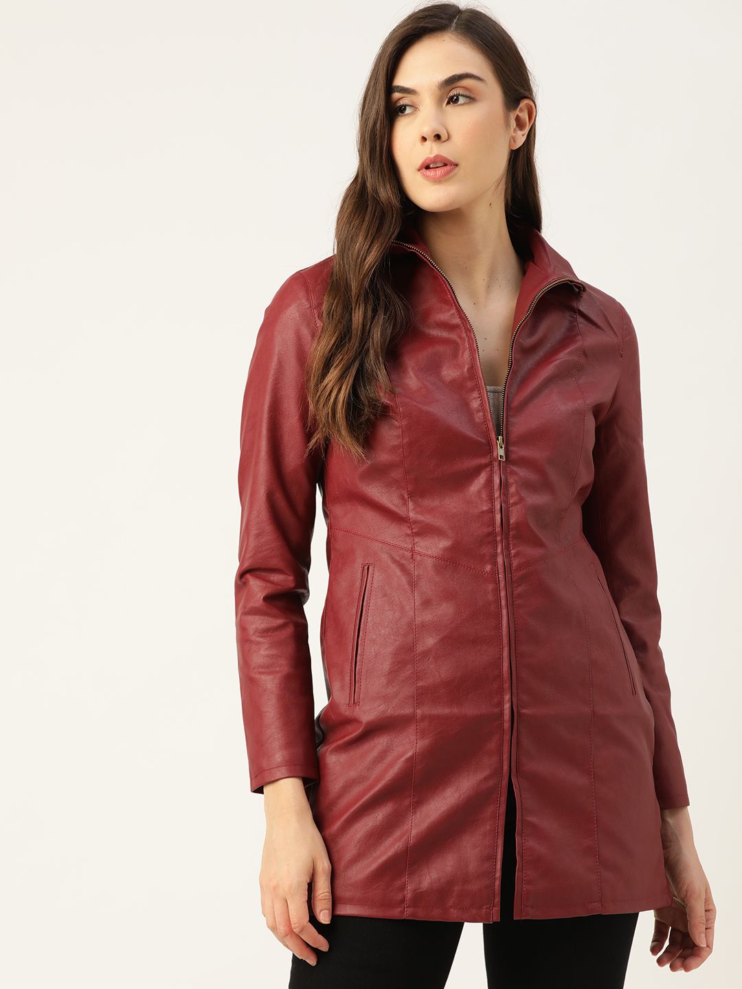 Leather Retail Women Red Lightweight Longline Faux Leather Jacket Price in India