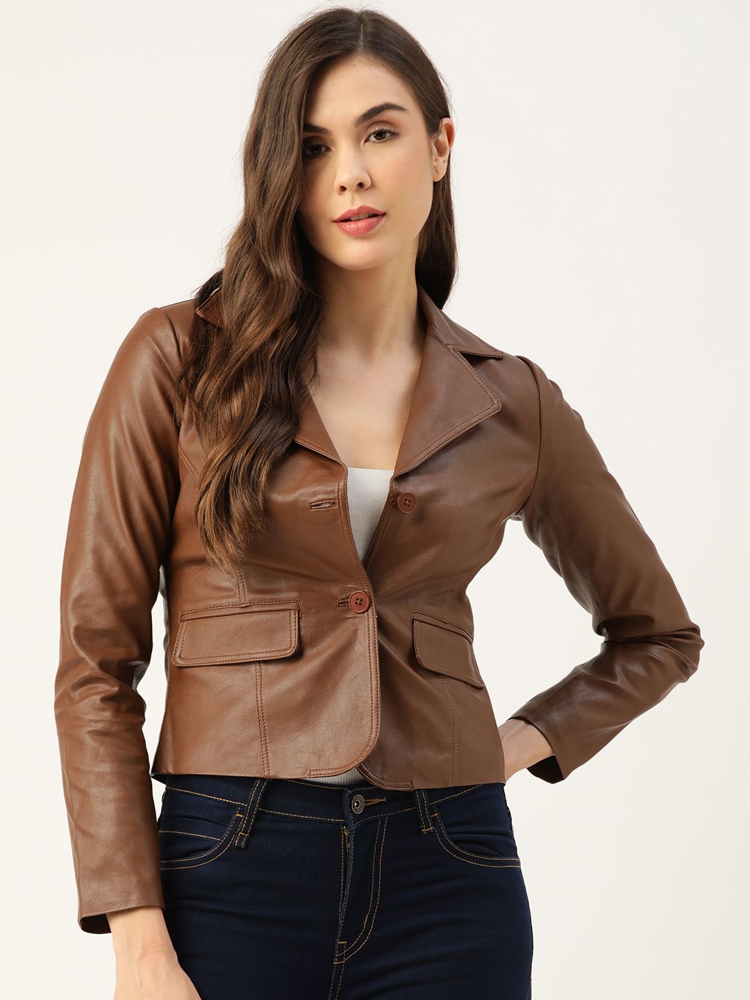 Leather Retail Women Brown Solid Lightweight Leather Jacket Price in India