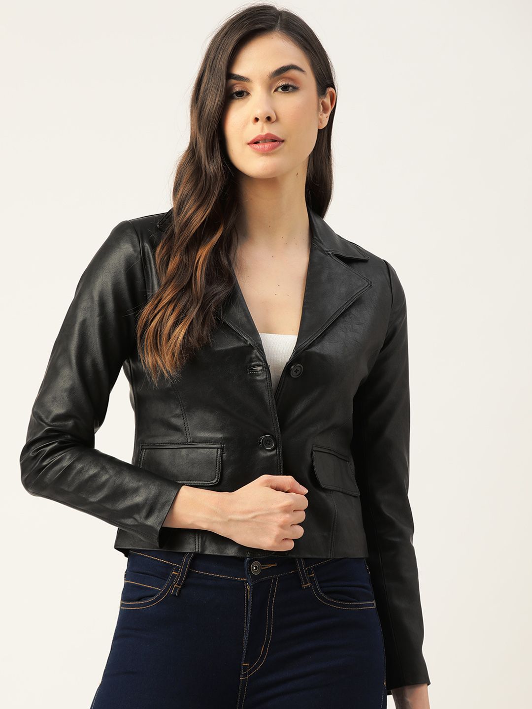 Leather Retail Women Black Lightweight Faux Leather Jacket Price in India