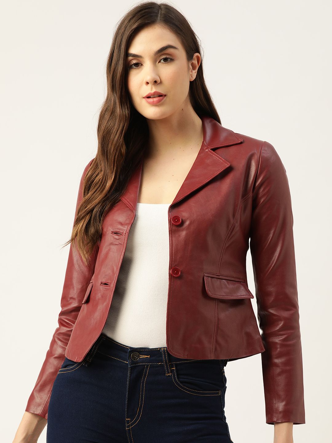 Leather Retail Women Maroon Lightweight Faux Leather Jacket Price in India