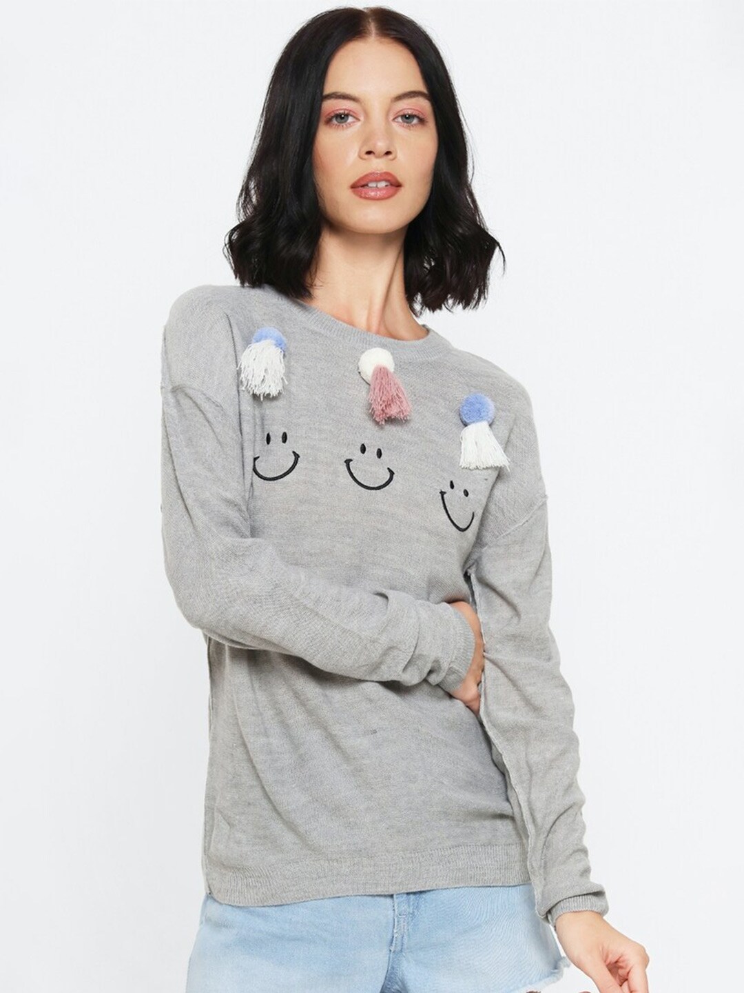 FOREVER 21 Women Grey Embroidered Pullover Sweater Price in India