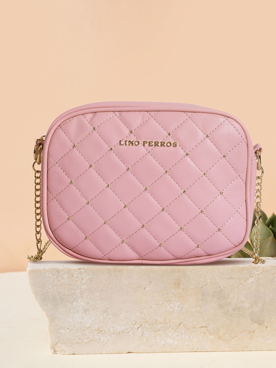 Lino Perros Women Peach-Coloured Quilted Sling Bag Price in India