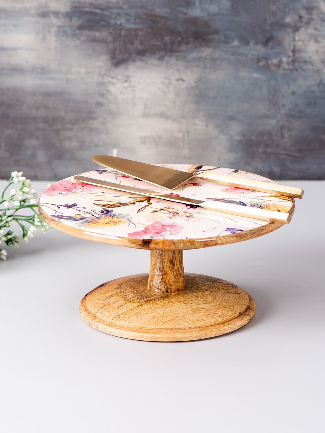 nestroots Multicoloured Printed Teak Wood Cake Stand With Knife & Server Price in India