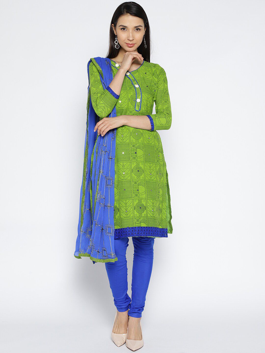 mf Green & Blue Cotton Blend Unstitched Dress Material Price in India