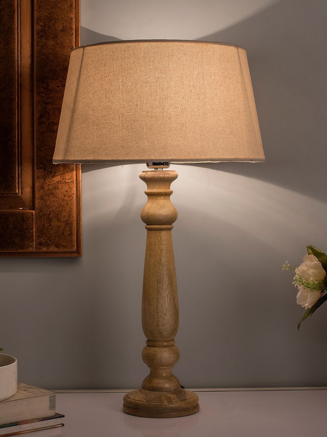 Homesake Beige & Wooden Solid Contemporary Bedside Smart Lamp with Shade Price in India
