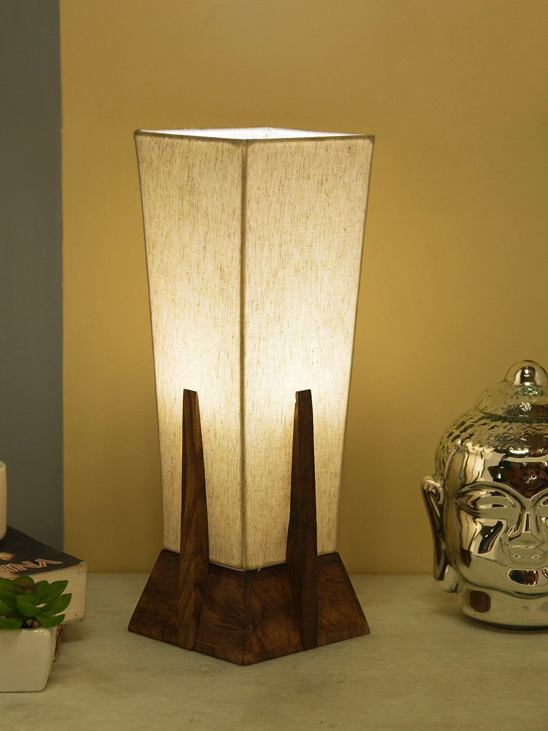 Homesake Brown & Off-White Solid Contemporary Column Bedside Smart Lamp with Shade Price in India