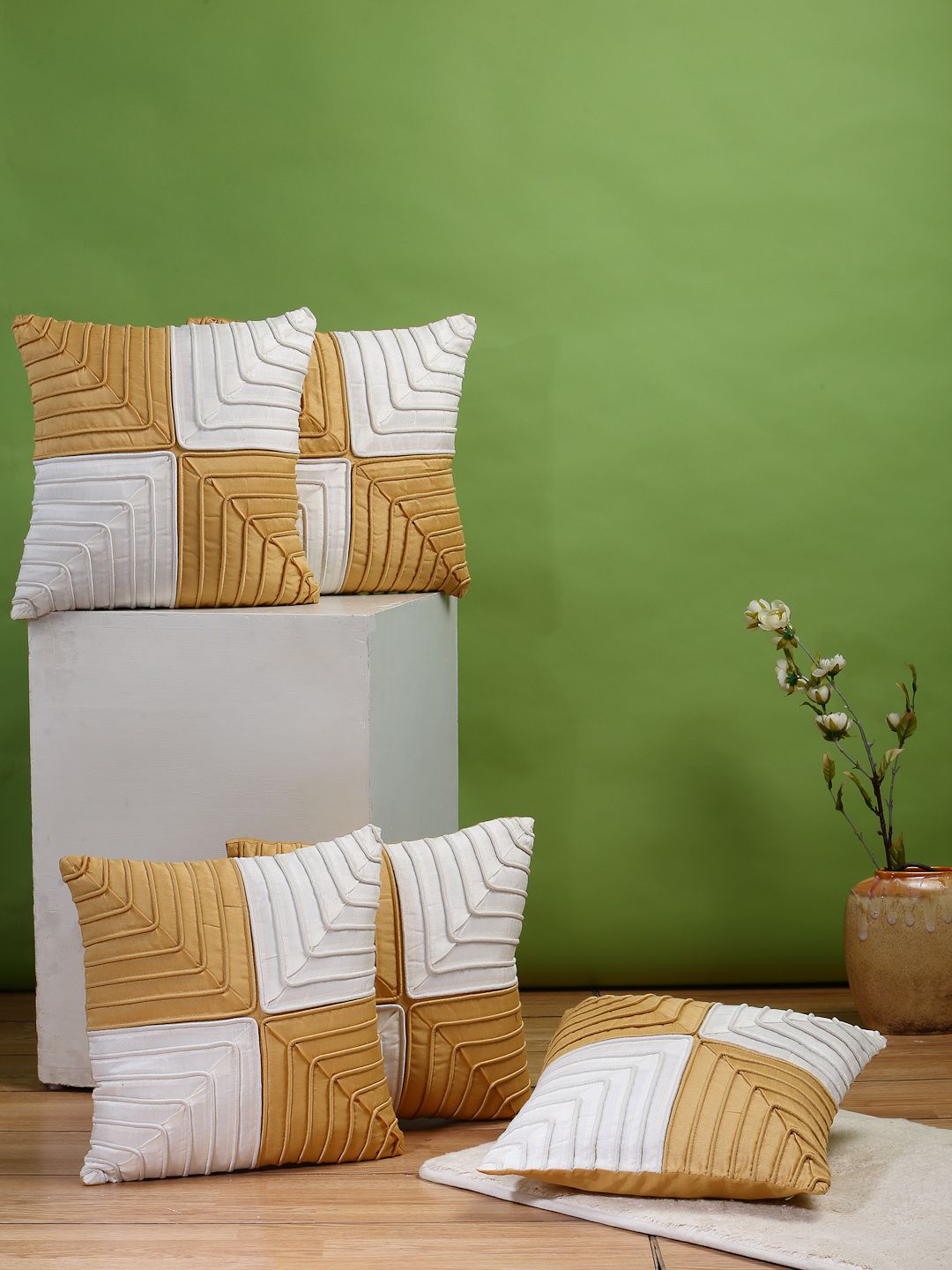 DREAM WEAVERZ Cream-Coloured & White Set of 5 Embroidered Square Cushion Covers Price in India