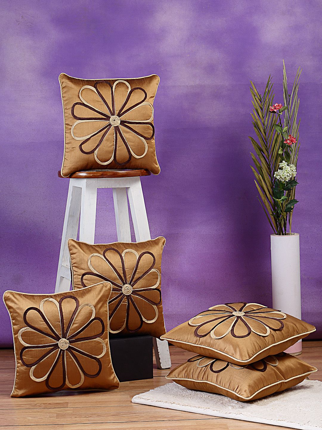 DREAM WEAVERZ Coffee Brown & Beige Set of 5 Embroidered Square Cushion Covers Price in India