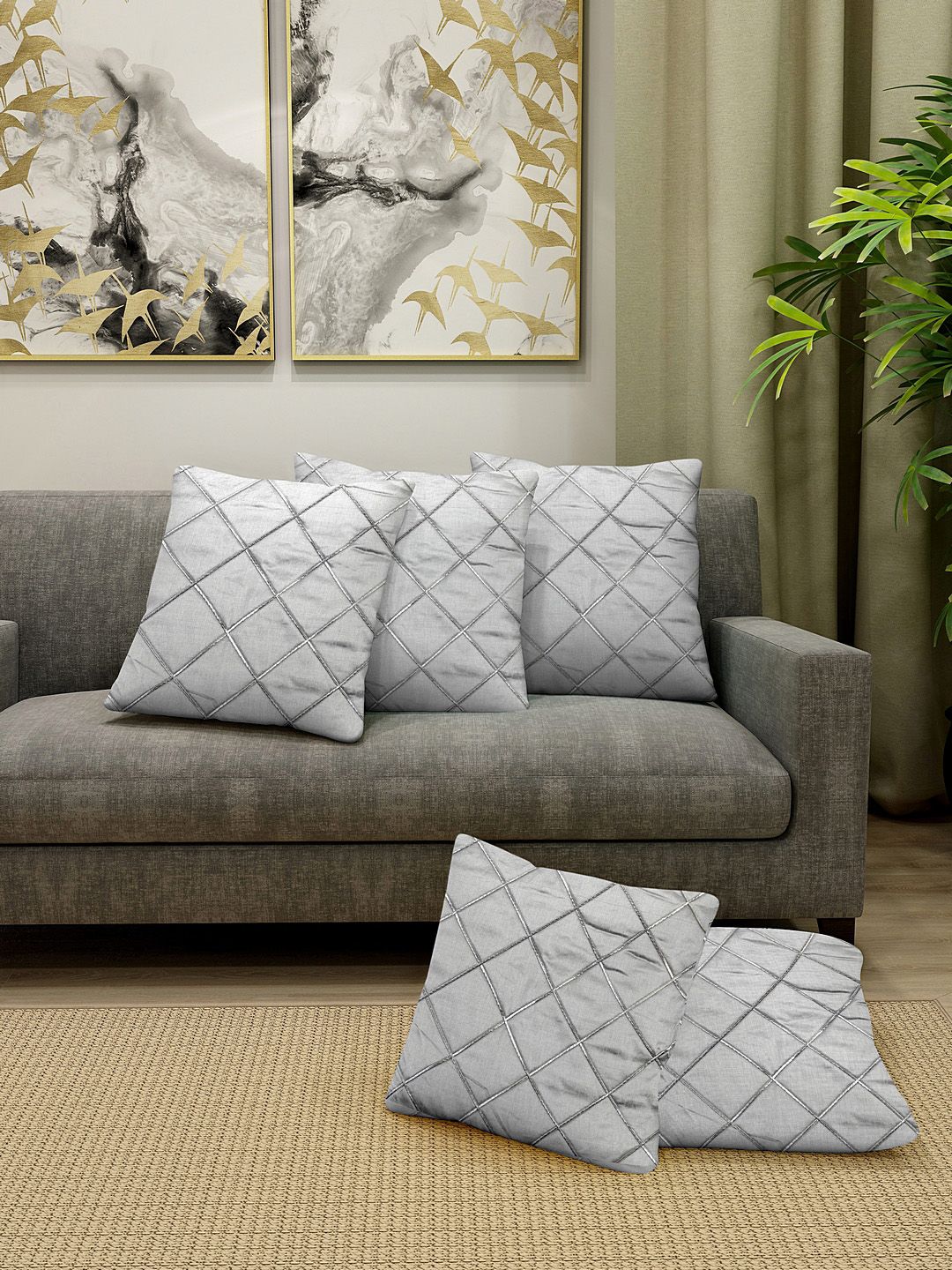 DREAM WEAVERZ Silver-Toned Set of 5 Embroidered Square Cushion Covers Price in India