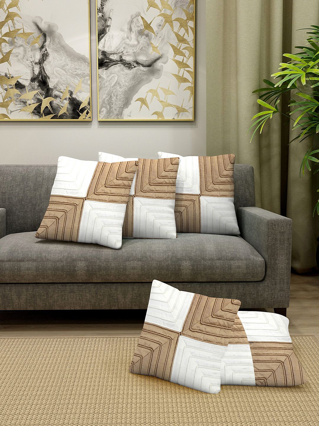 DREAM WEAVERZ Coffee Brown & White Set of 5 Colourblocked Square Cushion Covers Price in India