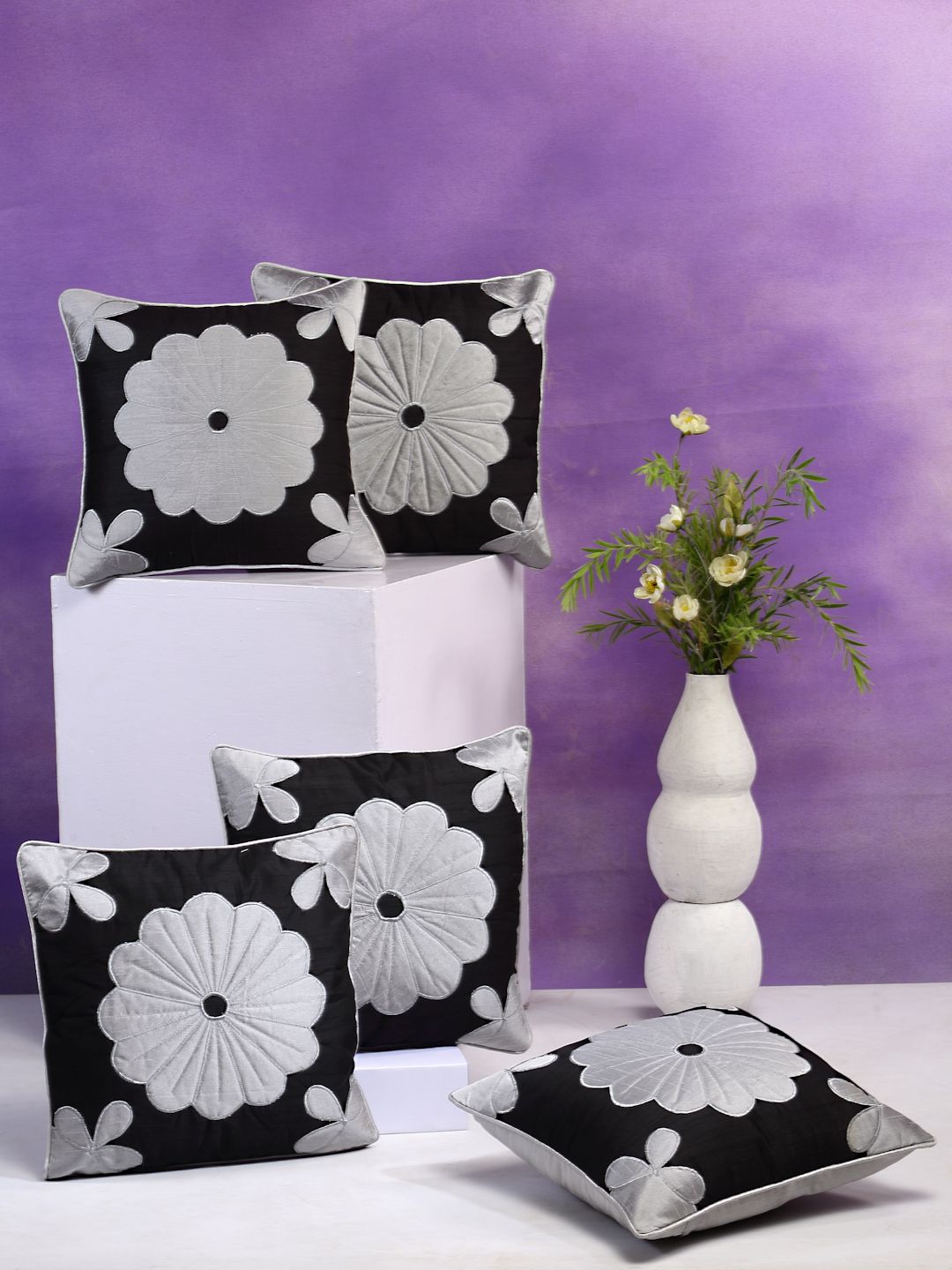 DREAM WEAVERZ Grey & Black Set of 5 Floral Square Cushion Covers Price in India