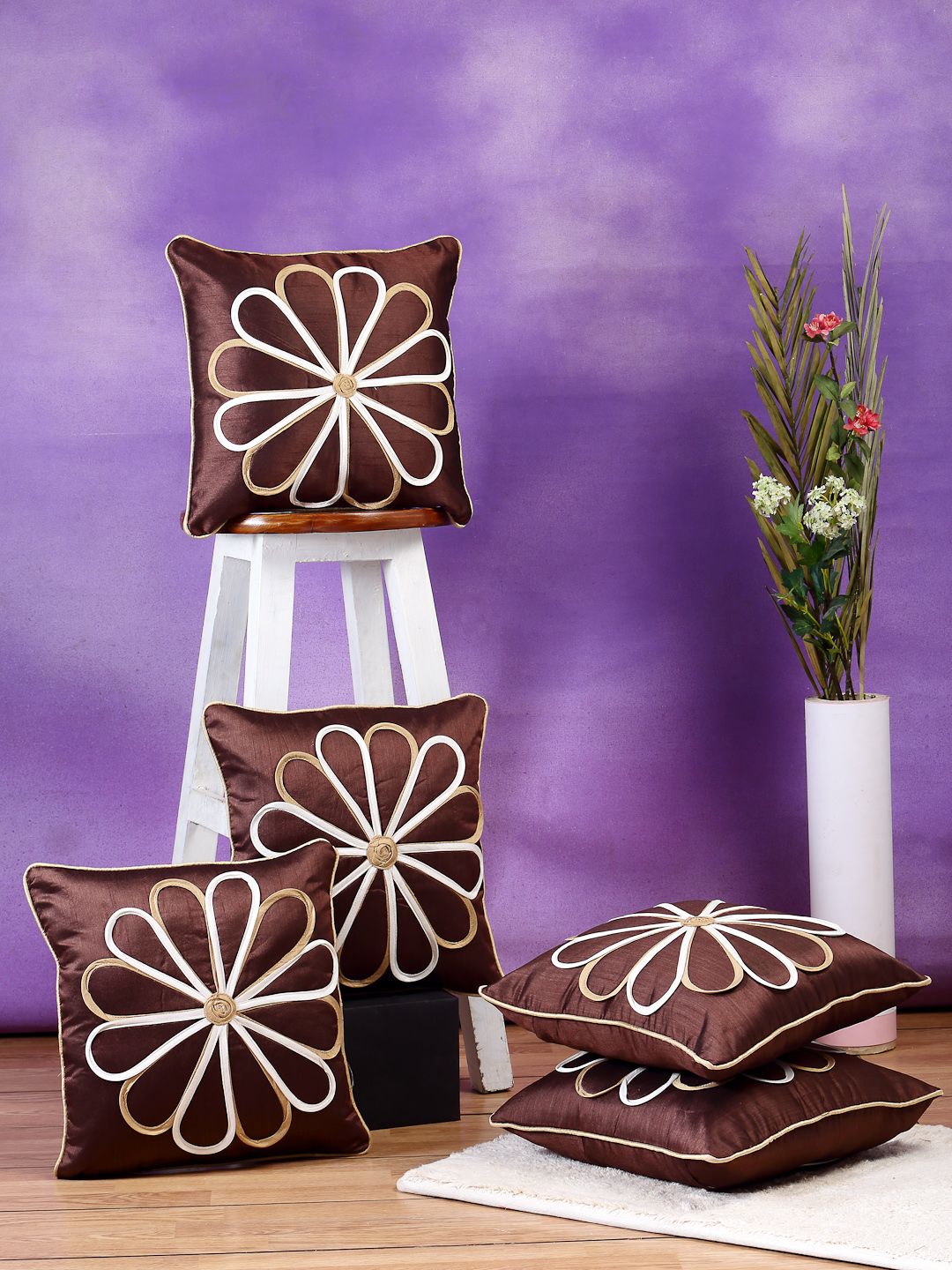 DREAM WEAVERZ Brown & Beige Set of 5 Floral Square Cushion Covers Price in India