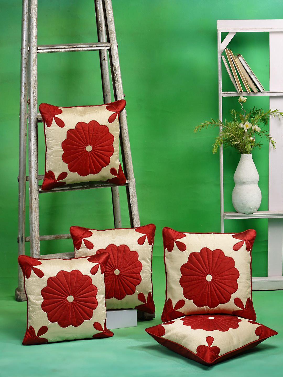DREAM WEAVERZ Red & Beige Set of 5 Embroidered Square Cushion Covers Price in India