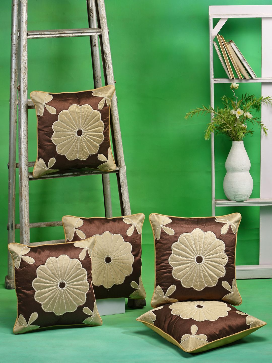 DREAM WEAVERZ Brown & Cream-Coloured Set of 5 Silk Embroidered Square Cushion Covers Price in India