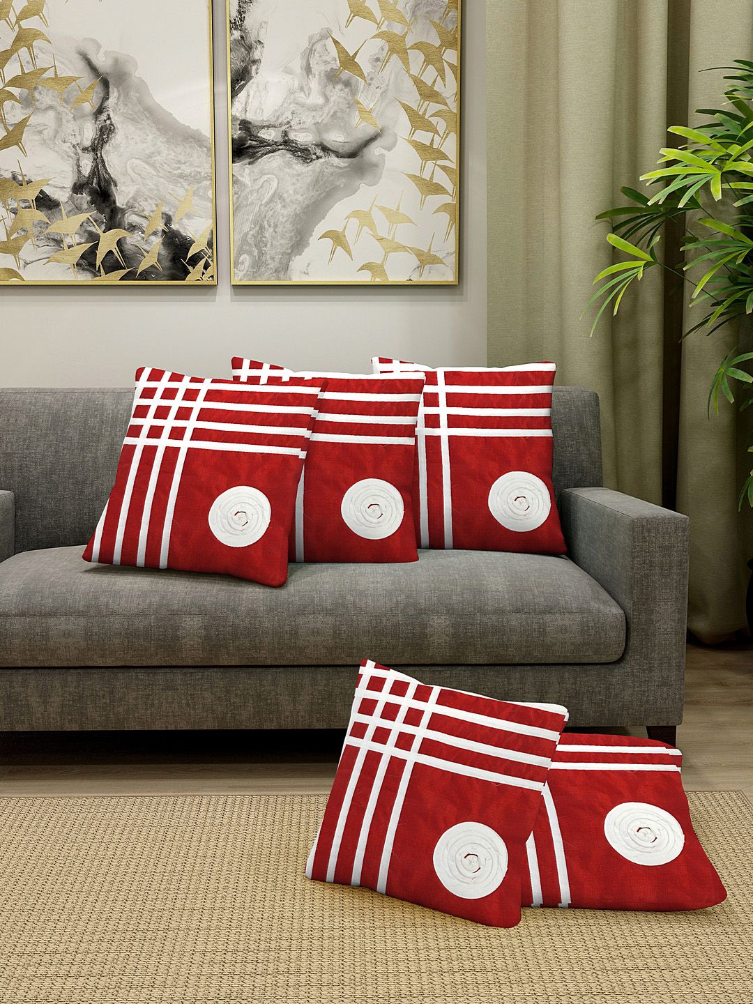 DREAM WEAVERZ Red & White Set of 5 Self Design Square Cushion Covers Price in India