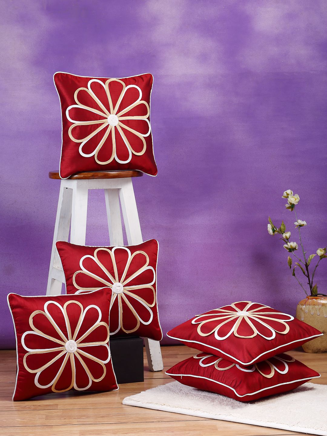 DREAM WEAVERZ Red & Cream-Coloured Set of 5 Embroidered Square Cushion Covers Price in India