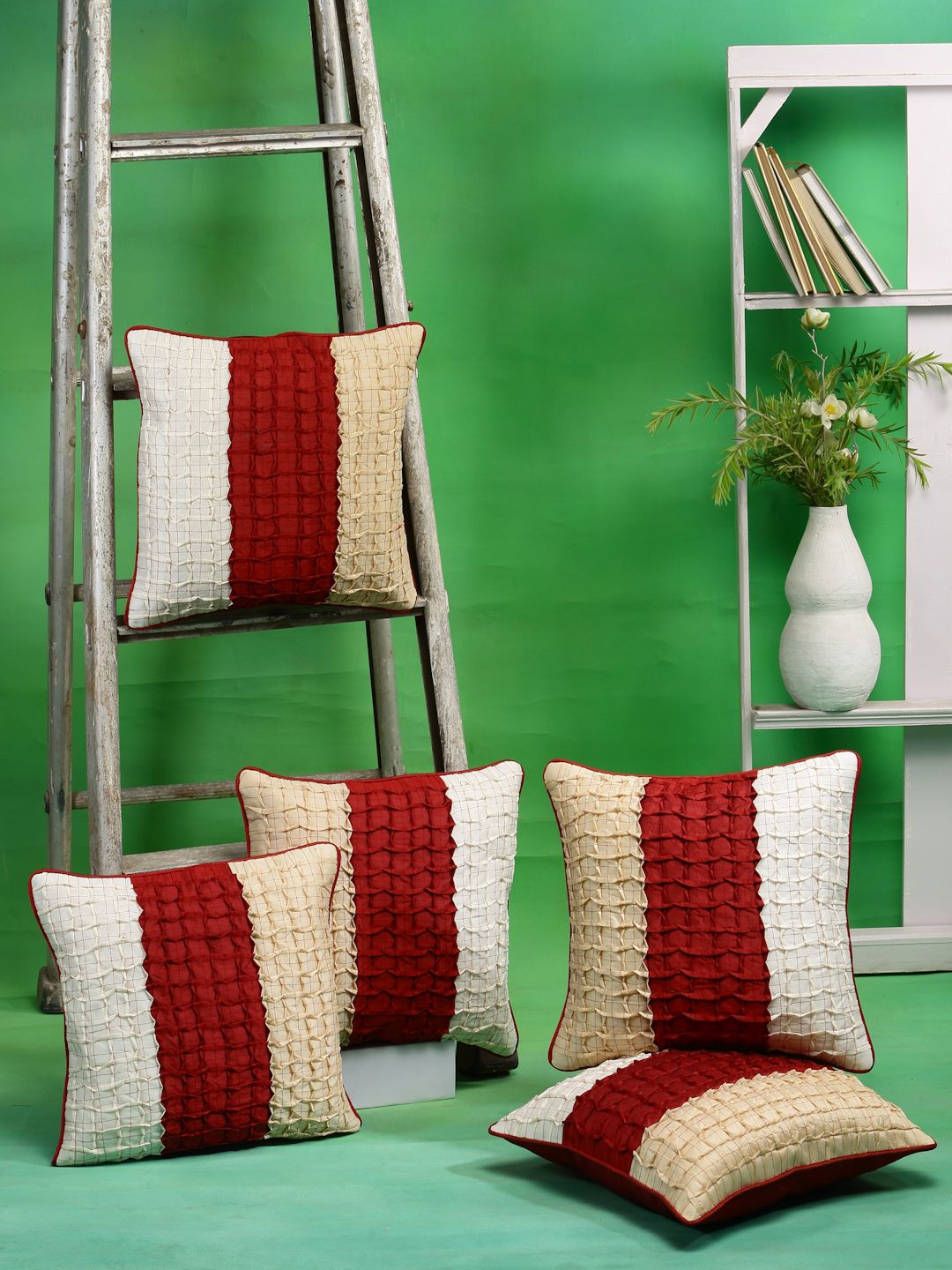 DREAM WEAVERZ Red & Beige Set of 5 Colourblocked Silk Square Cushion Covers Price in India