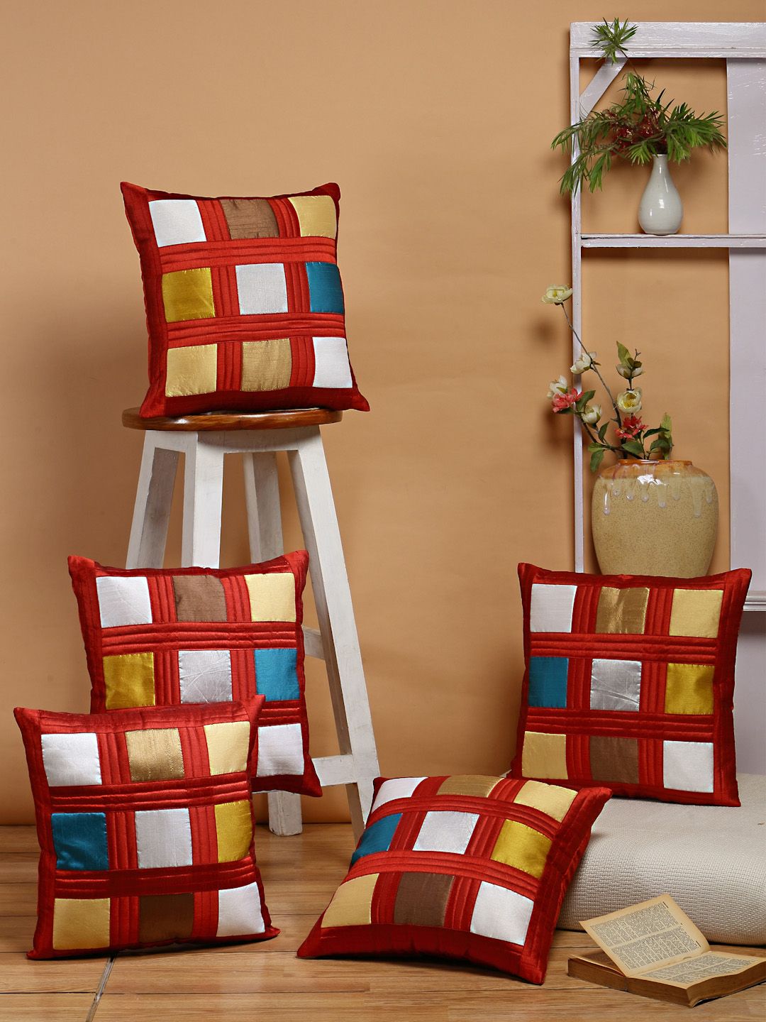 DREAM WEAVERZ Red  Blue Set of 5 Geometric Square Cushion Covers Price in India