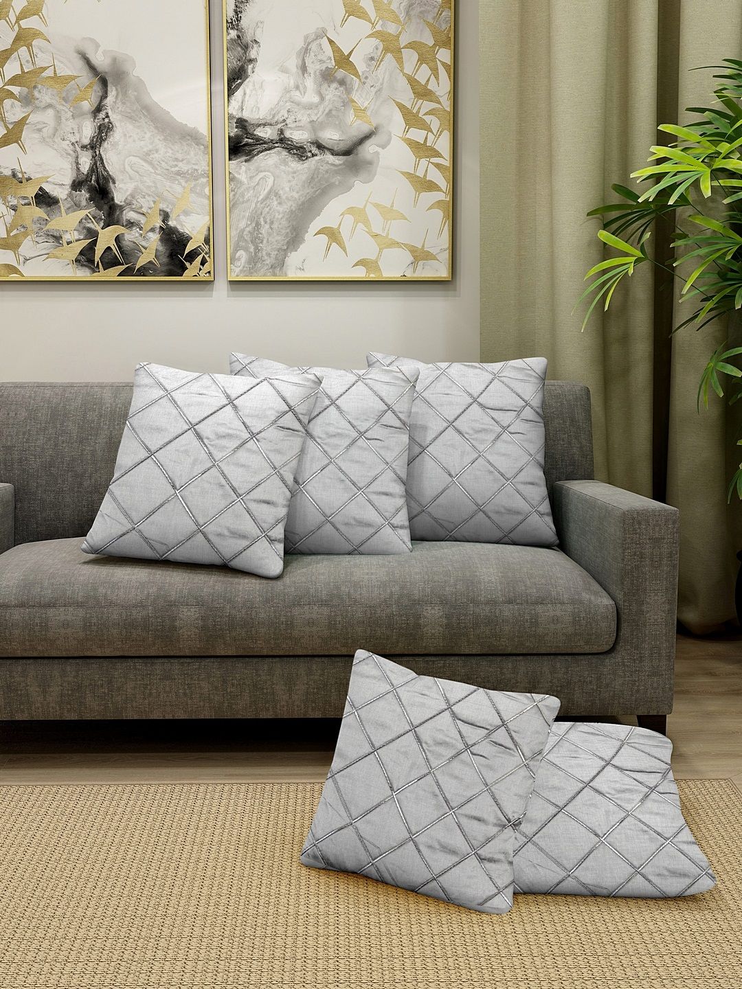 DREAM WEAVERZ Silver-Toned Set of 5 Geometric Square Cushion Covers Price in India