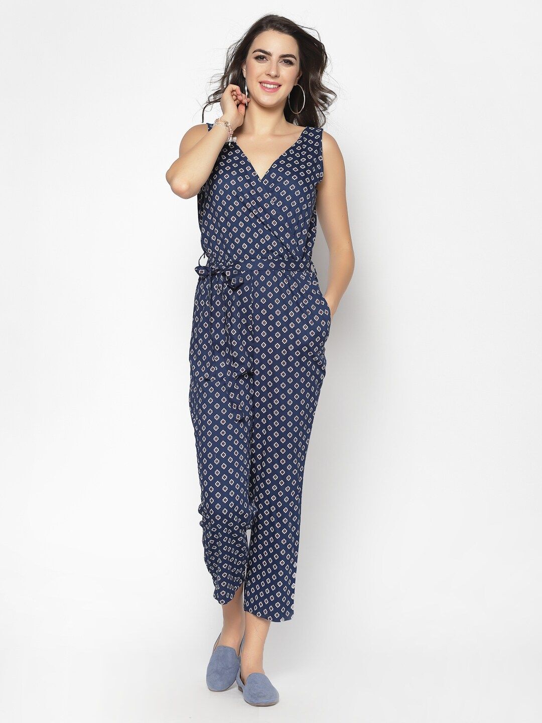 Sera Women Navy Blue Printed Basic Jumpsuit Price in India