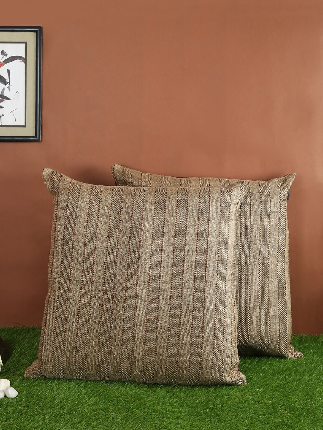 ROMEE Set of 2 Brown Striped Square Cushion Covers Price in India