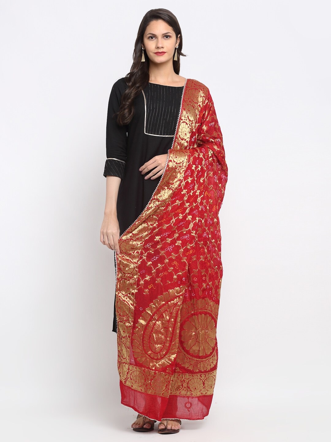 SOUNDARYA Red & Gold-Toned Woven Design Dupatta Price in India