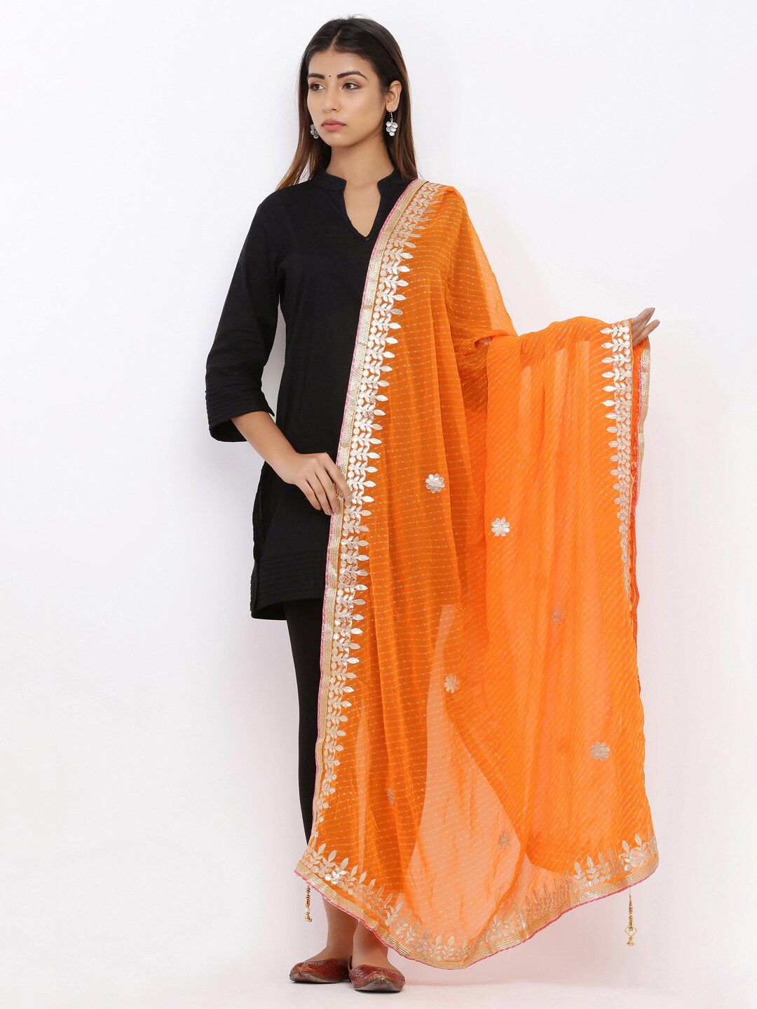 SOUNDARYA Orange & Gold-Toned Gota Patti Embroidered Dupatta Price in India