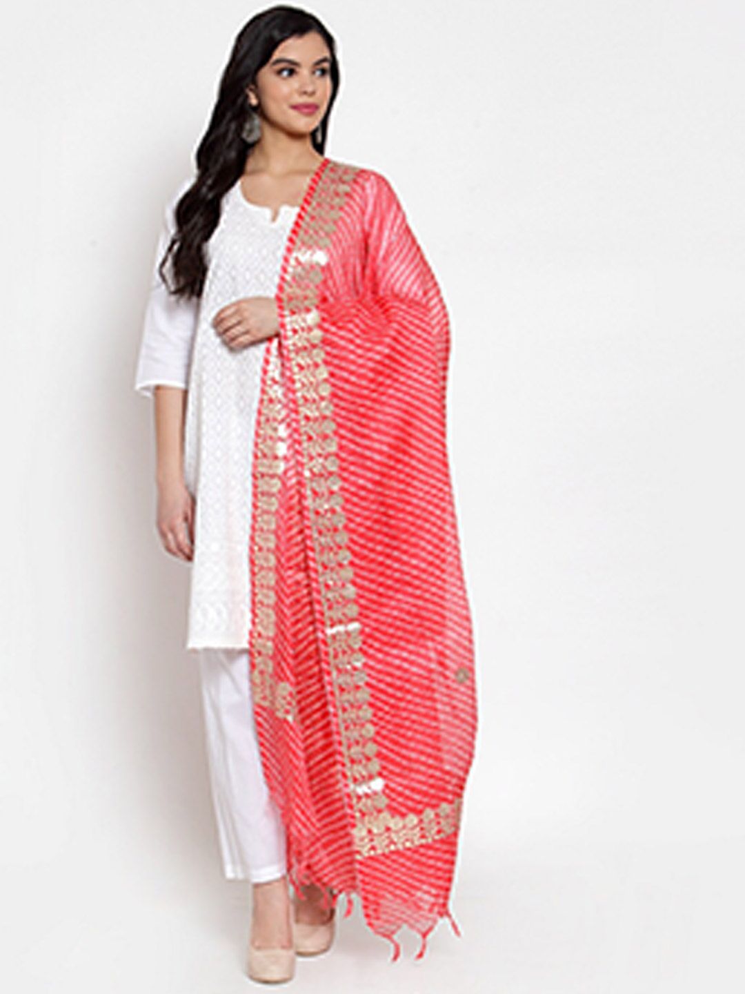 SOUNDARYA Pink & Gold-Toned Embroidered Dupatta Price in India