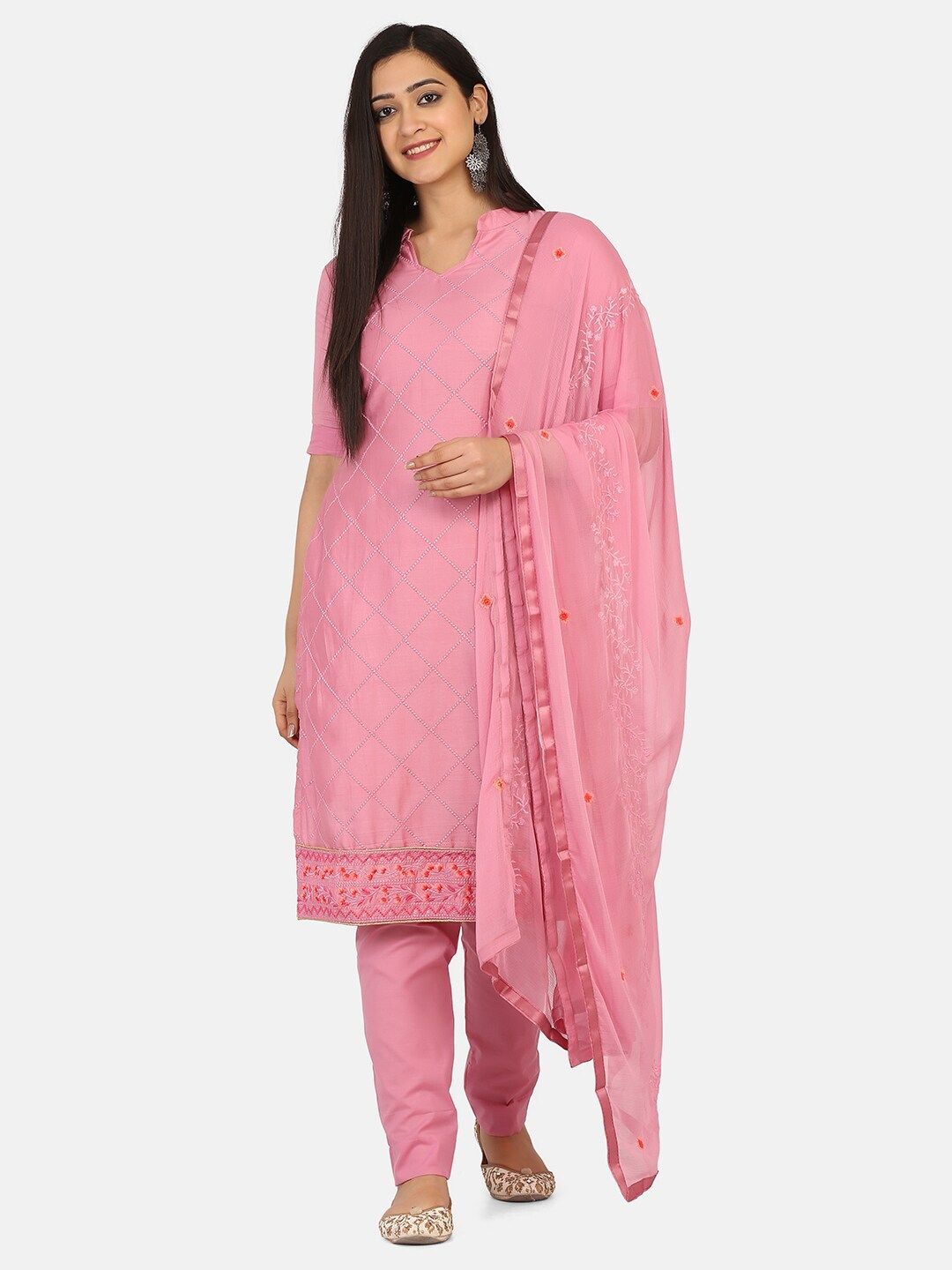 Shaily Pink Cotton Blend Embroidered Unstitched Dress Material Price in India