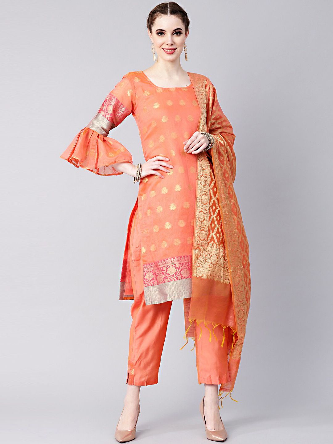 Chhabra 555 Peach-Coloured & Gold-Toned Art Silk Unstitched Dress Material Price in India