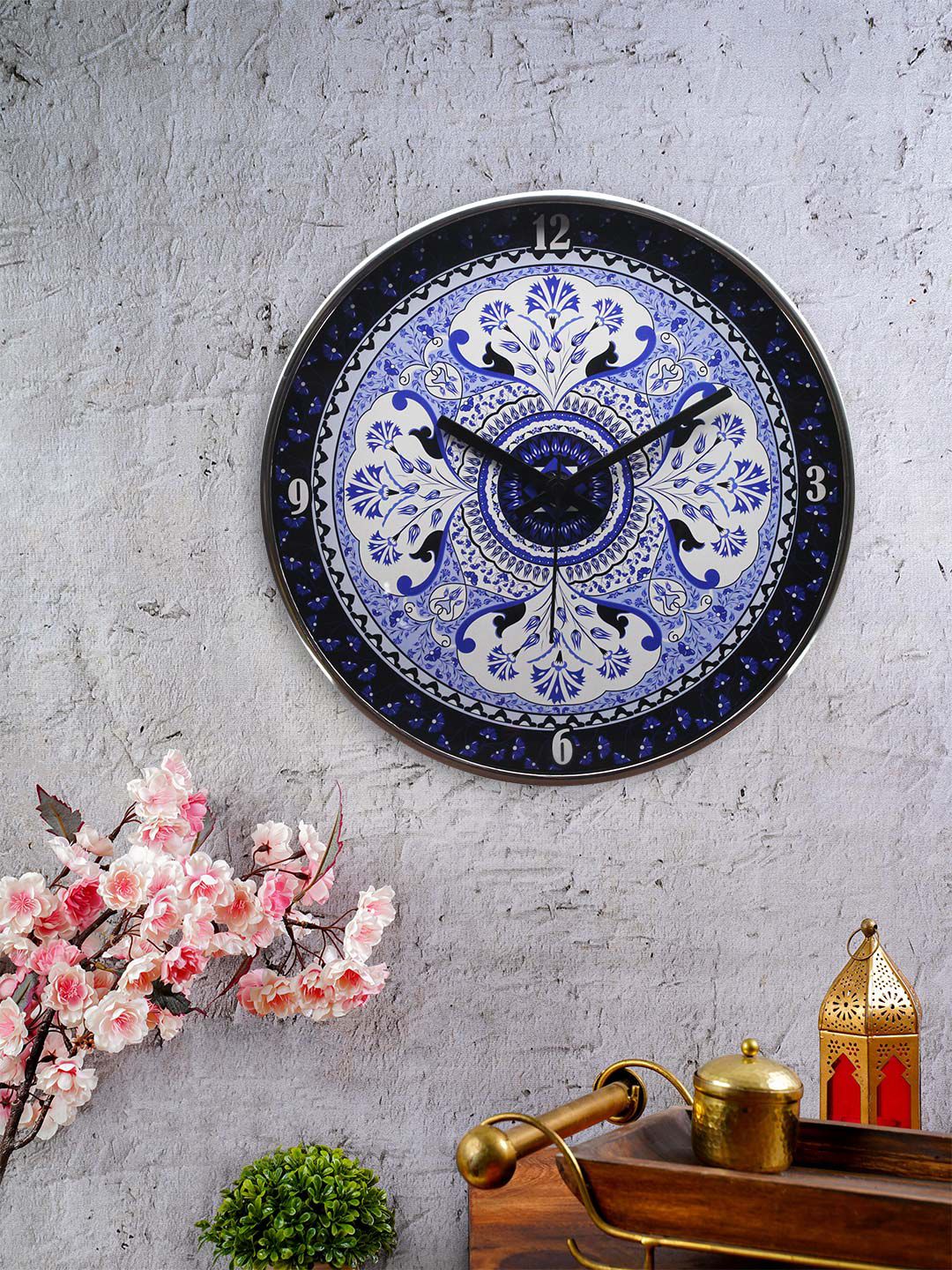 KOLOROBIA White & Blue Round Pristine Turkish Printed 30.4 cm Analogue Wall Clock Price in India