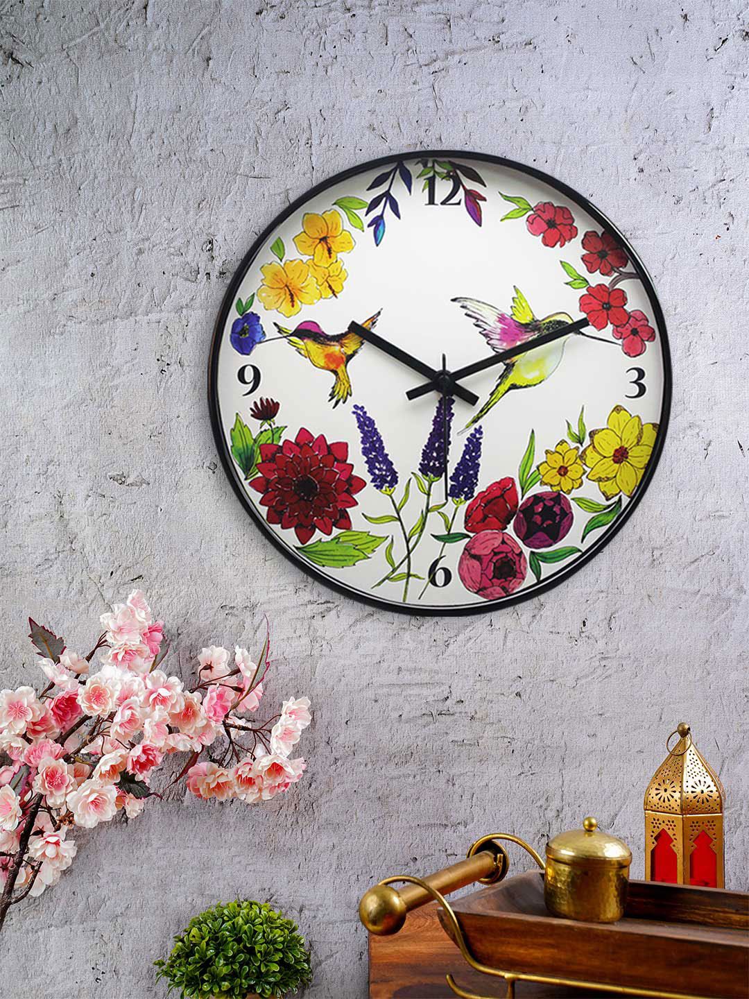 KOLOROBIA White & Yellow Round Humming Bird Printed 30.4 cm Analogue Wall Clock Price in India