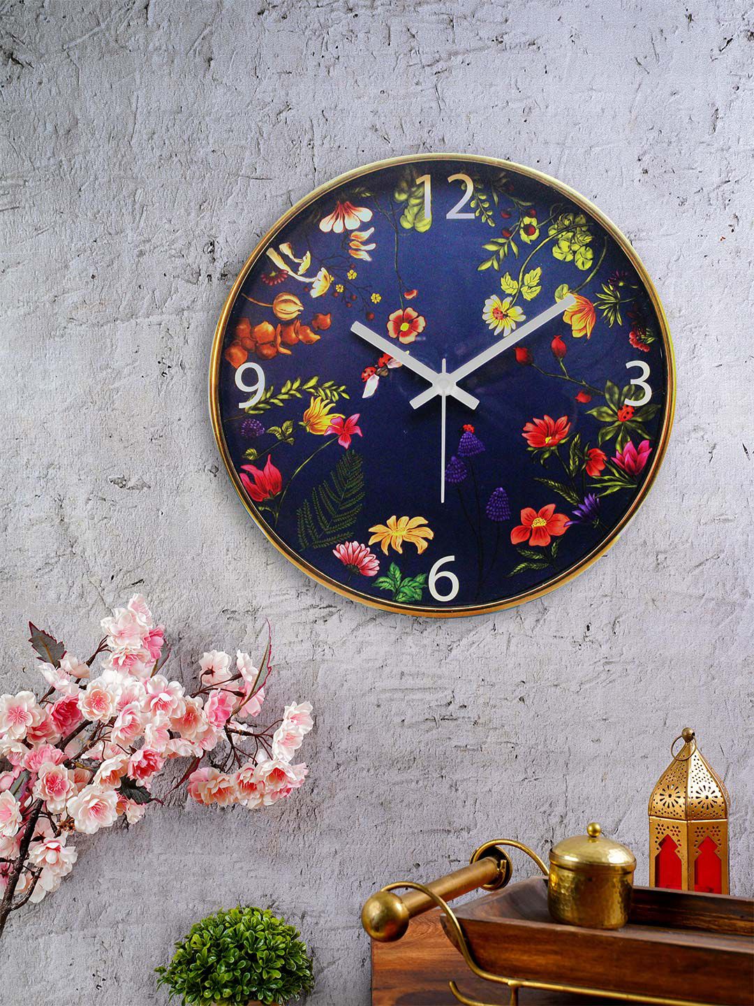 KOLOROBIA Navy Blue & Yellow Round Floral Bliss Printed 30.4 cm Analogue Wall Clock Price in India
