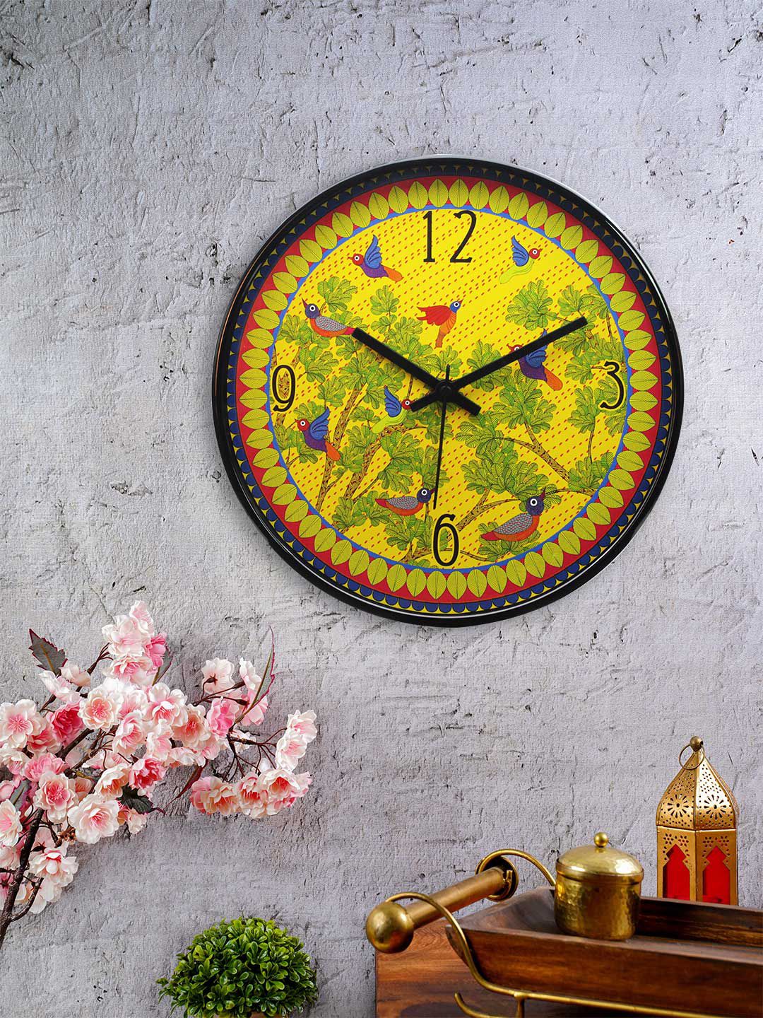 KOLOROBIA Yellow & Green Round Gond Art Printed 30.4 cm Analogue Wall Clock Price in India