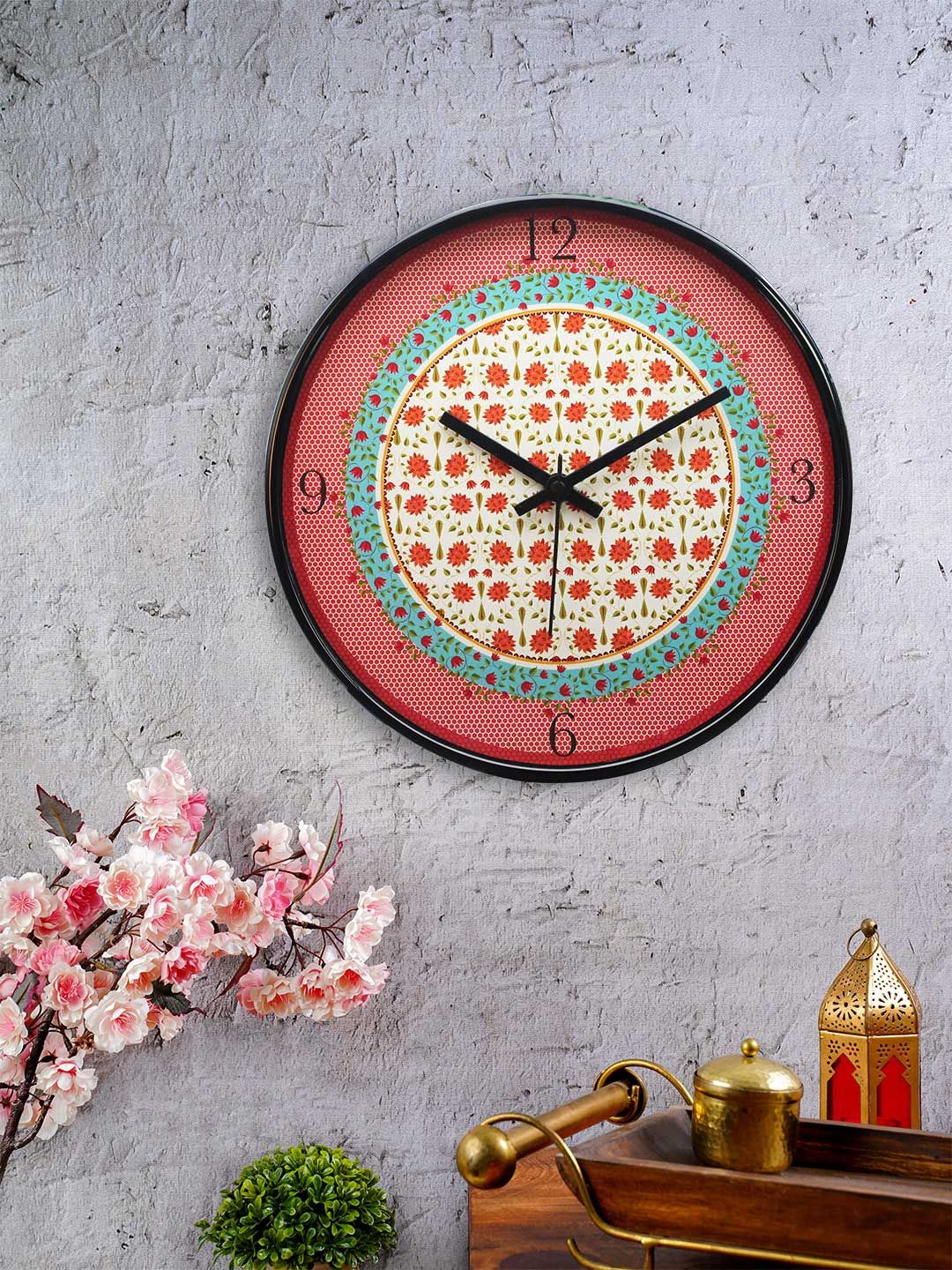 KOLOROBIA Maroon & Sea Green Round Printed 30.4 cm Analogue Wall Clock Price in India
