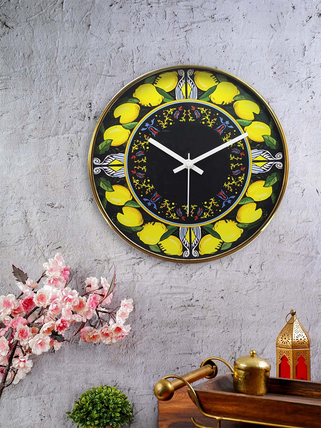 KOLOROBIA Black & Yellow Round Fruits of Italy Lemons Printed 30.4 cm Analogue Wall Clock Price in India