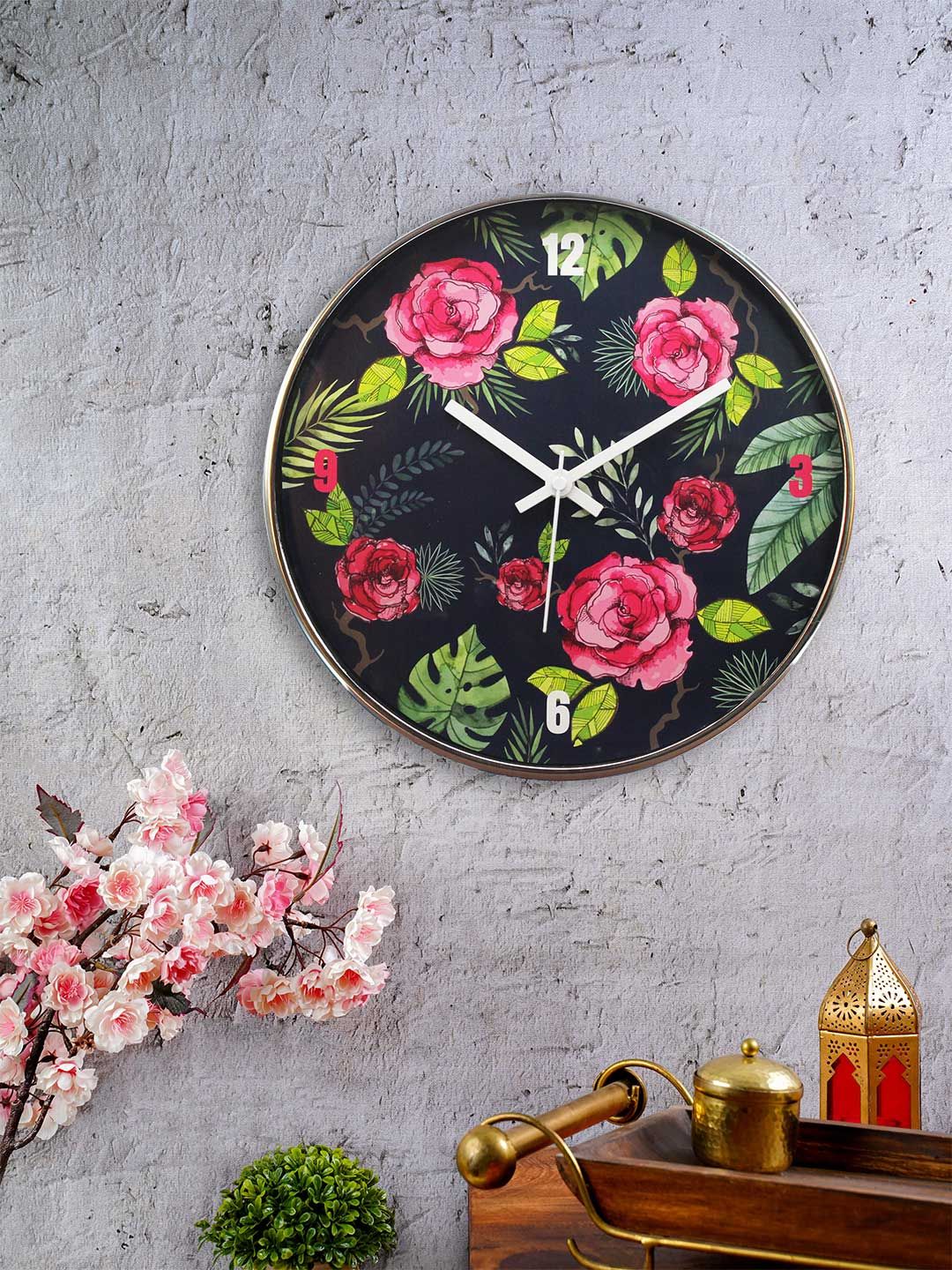 KOLOROBIA Black & Pink Round Misty Morning Blue Roses Printed 30.4 cm Analogue Wall Clock Price in India