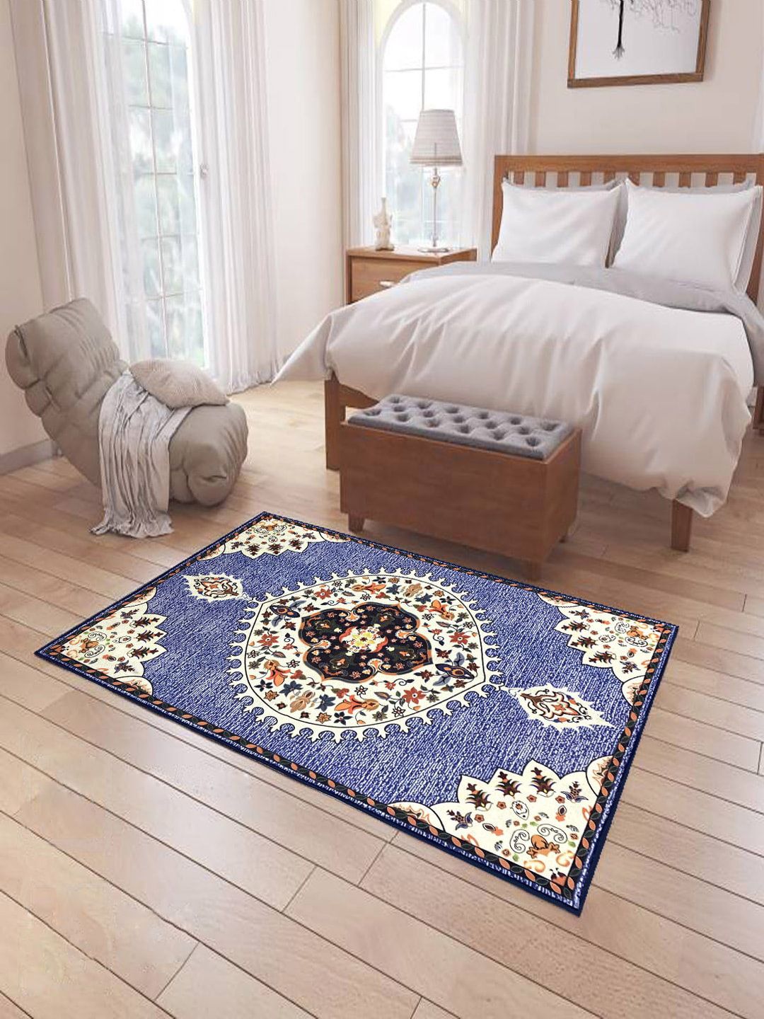 Status Blue & White Ethnic Motifs Printed Light Anti-Skid Carpet Price in India