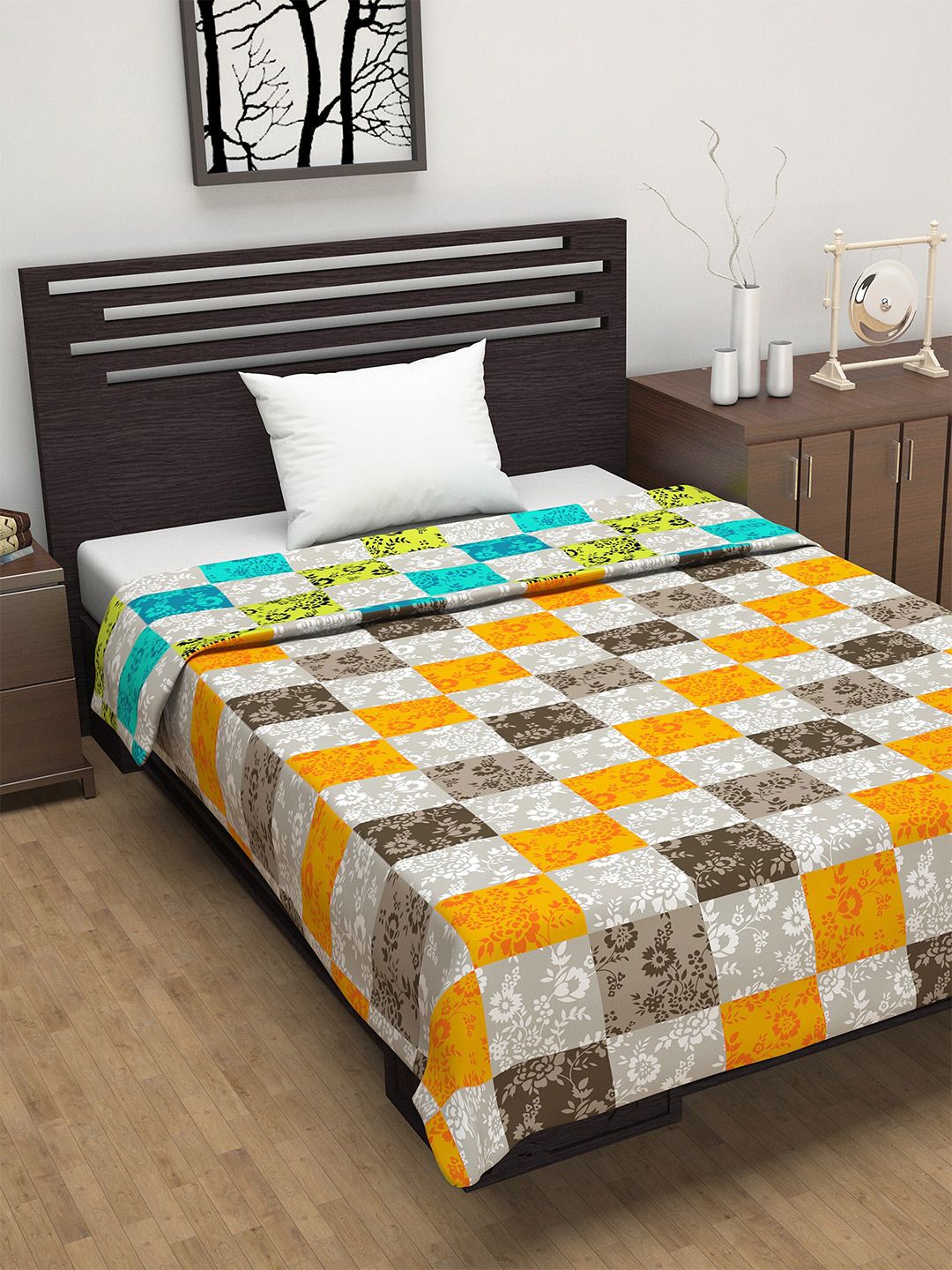 Divine Casa Orange & Grey Floral AC Room 110 GSM Single Bed Dohar Price in India