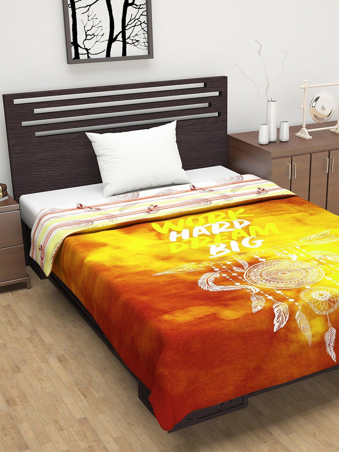 Divine Casa Orange & Yellow Floral AC Room 110 GSM Single Bed Dohar Price in India