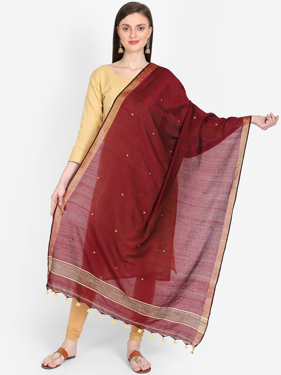 THE WEAVE TRAVELLER Maroon & Gold-Toned Woven Design Dupatta Price in India