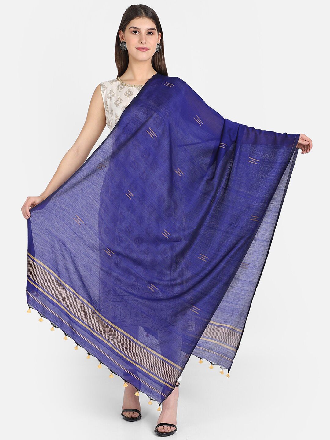 THE WEAVE TRAVELLER Blue & Gold-Toned Woven Design Dupatta