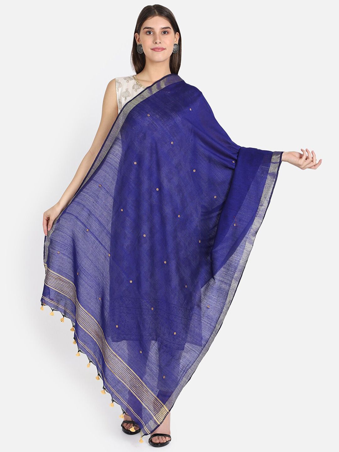 THE WEAVE TRAVELLER Navy Blue & Gold-Toned Woven Design Dupatta Price in India